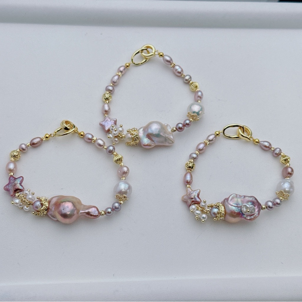 B255 Handmade Freshwater Flame Ball Baroque Pearl Bracelet 7” 14kgp